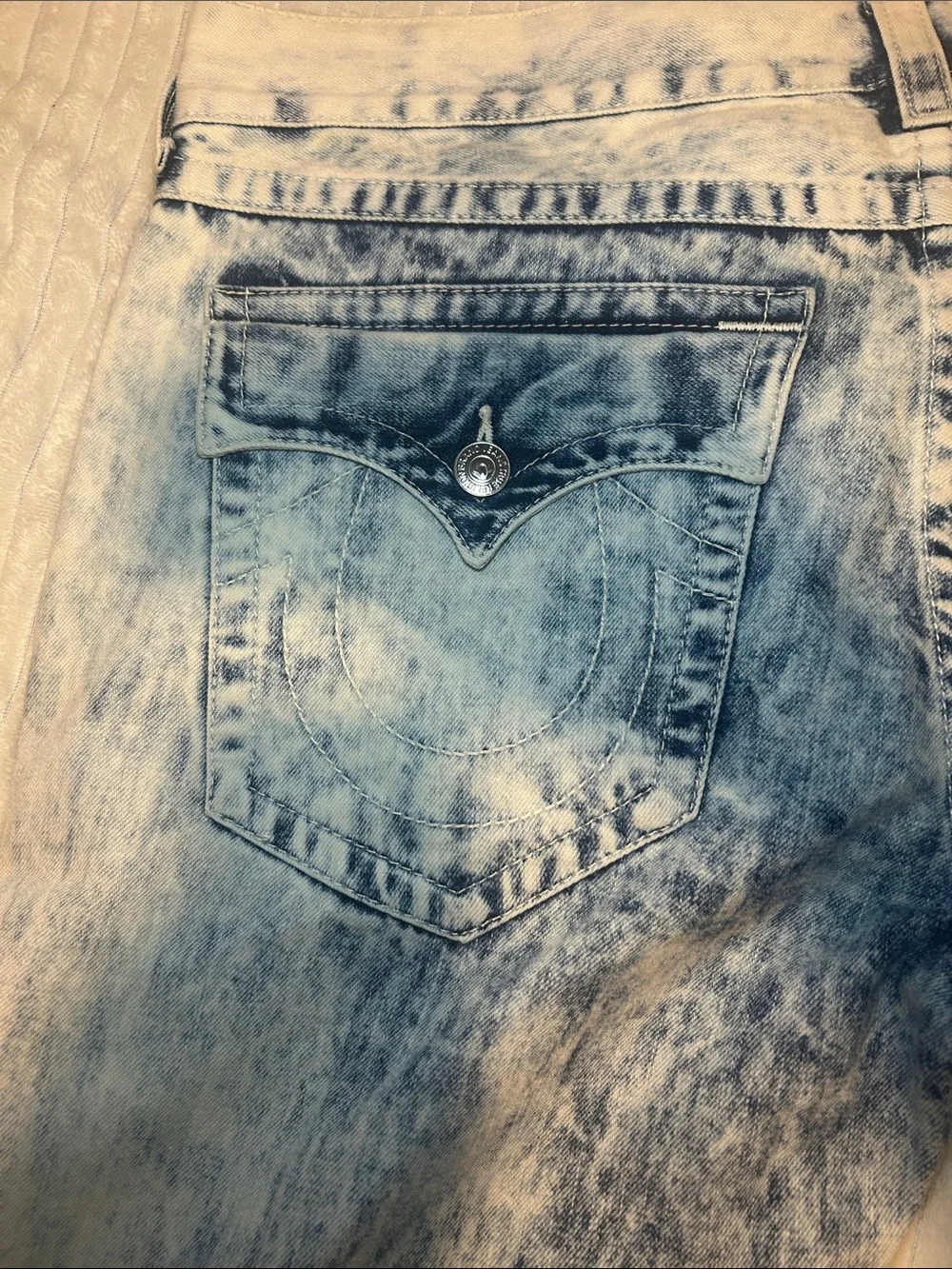 True Religion Men's Acid Wash Distressed Denim Shorts - Blue & White
